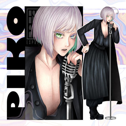 A drawing of Piko Utatane from Vocaloid 2 wearing an outfit inspired by the "Karasu Zoku" style. His posture is relaxed, leaning on a grey retro microphone, singing with a serious but determined face, looking elegant but calm. Piko wears an unbuttoned blac