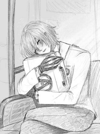 A fanart of Goro Akechi from the game Persona 5 Royal. The drawing, despite being digitally done, is painted and shaded with a brush that simulates a pencil, so in general, the drawing is in black and white. The illustration shows the character sitting ins