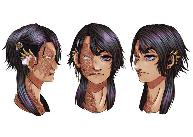A drawing of the original character "Lucian Noa", their head is depicted in profile, front and ¾. The character, Lucian, is shown as an androgynous person, with a determined expression and personalized style. Lucian has tanned/pearlescent skin, black hair