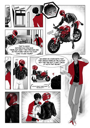 A comic for "One Conclusion" magazine Page 2: There's a knock at the door, so Ren steps outside to see who it is, being greeted by the lovely sight of a hip biker on a nice expensive motorcycle who also seemed to be his delivery man from the store they ord