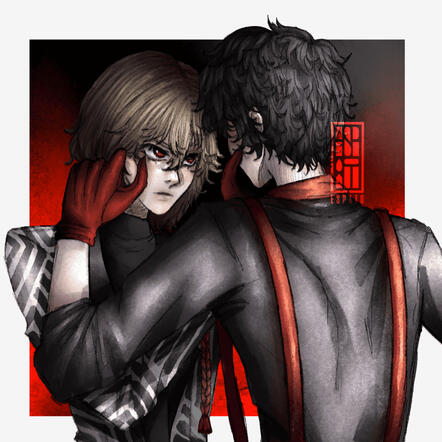 A drawing by Akechi Goro and the protagonist of Persona 5, showing Joker from behind, grabbing Akechi's cheek, disregarding the brunette's obvious angry look. Akechi, in retaliation, grabs Joker's face with one hand, his cheeks. The drawing features harsh