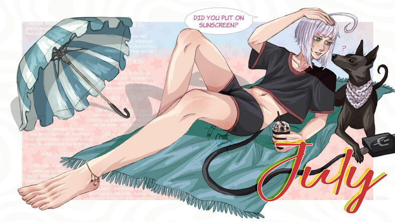 A drawing of Piko Utatane from Vocaloid. The character is shown reclining, leaning on one arm while holding an iced chocolate drink and shielding his eyes from the sun with his other hand. One leg is bent, the other extended, and a ruby bracelet adorns hi