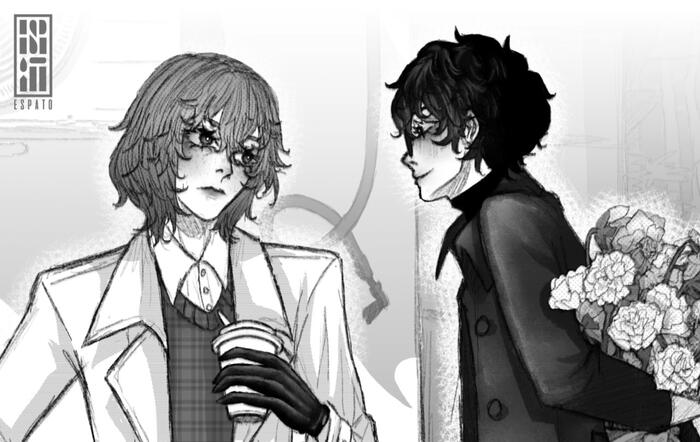 A black and white manga-style drawing of the characters Akechi Goro and the protagonist of Persona 5. The drawing shows Akechi standing in front of a bicycle with a relaxed but upright impeccable posture, hand in pocket and holding a coffee in his other g