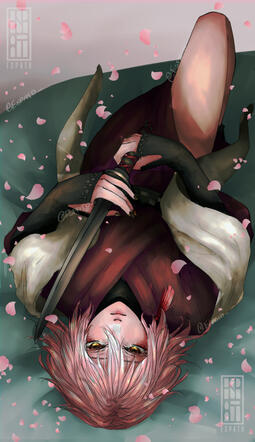 A fanart of Hanjin (Touken Ranbu) reclining in his special outfit (Yukata), holding his Wakizashi facing the viewer/camera with a serious but not necessarily annoying look, if not, rather determined (The person who wrote this description is not fluent in t